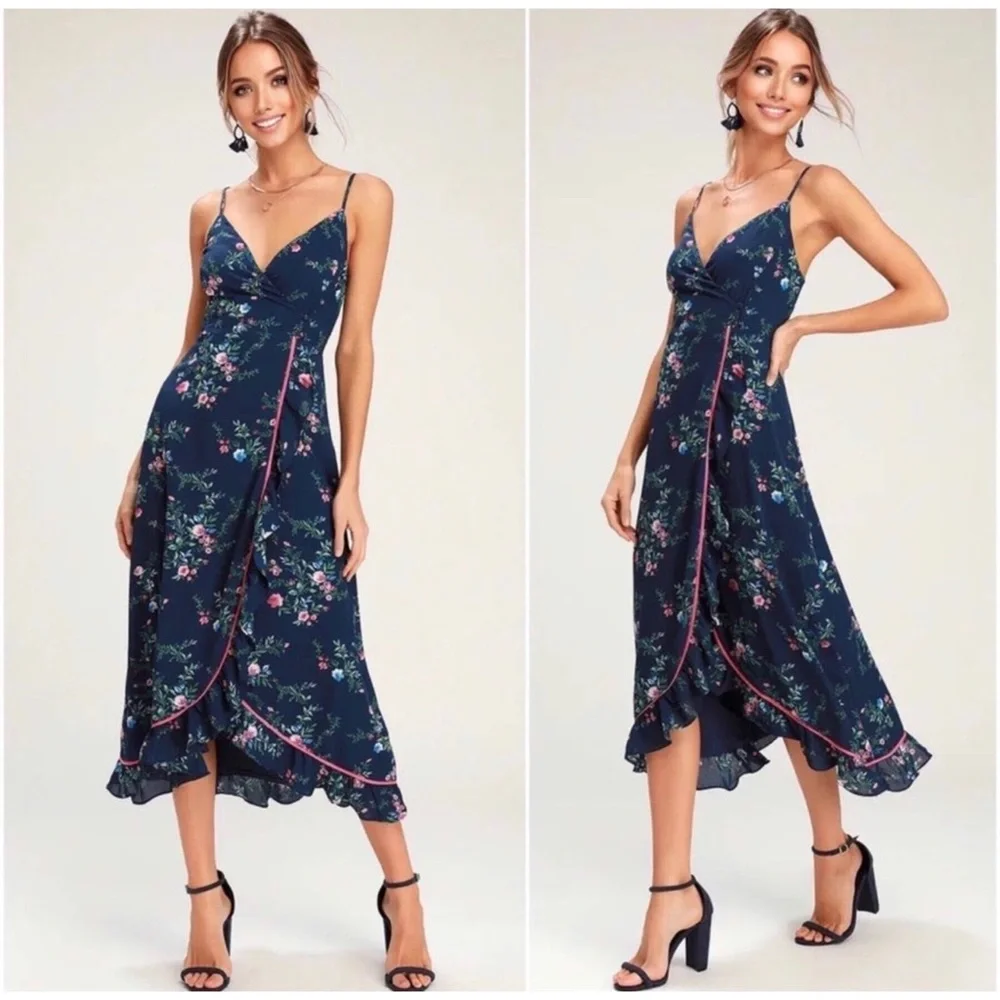 1 LEFT! Floral Wrap Navy Midi Summer Women's Elegant Feminine dress - Picture 3 of 3